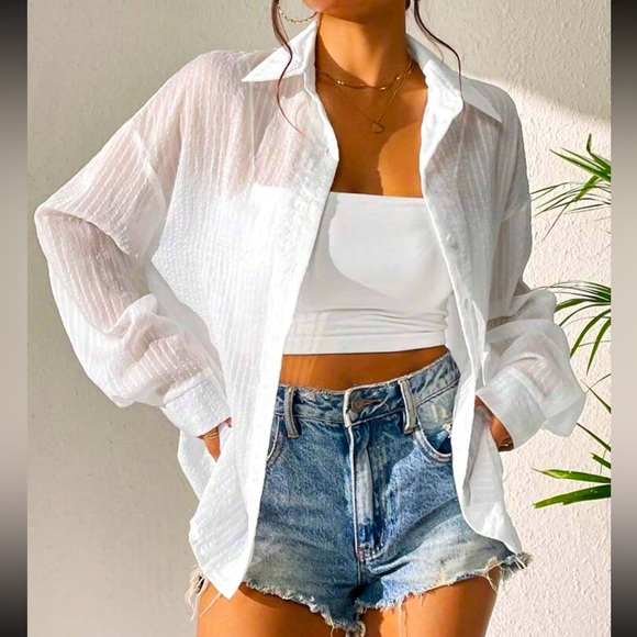 Tops - Luxe White Semi Sheer Button Down Long Sleeve Shirt